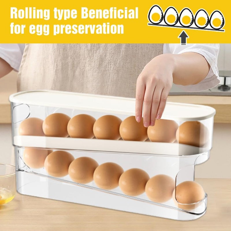 ROWPOZ 2025 New Egg Holder for Fridge, Egg Organizer for Refrigerator Automatic Scrolling Eggs Rack Holder Rolling Dispenser Stackable Container and Storage for Refrigerator with Lid - Image 2